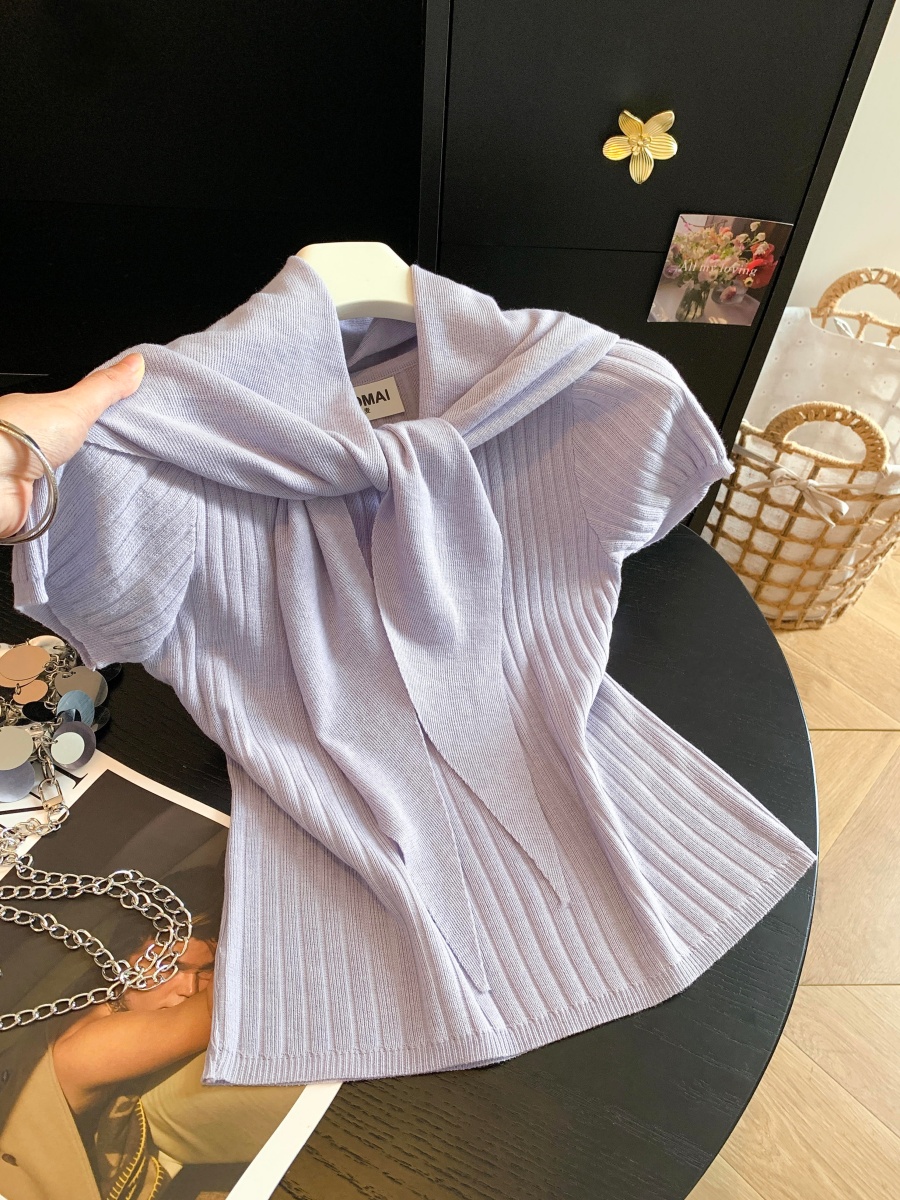Autumn Korean Minimalist Crew Neck Short Sleeve Knit Top with Shawl Two Piece Set Solid Women