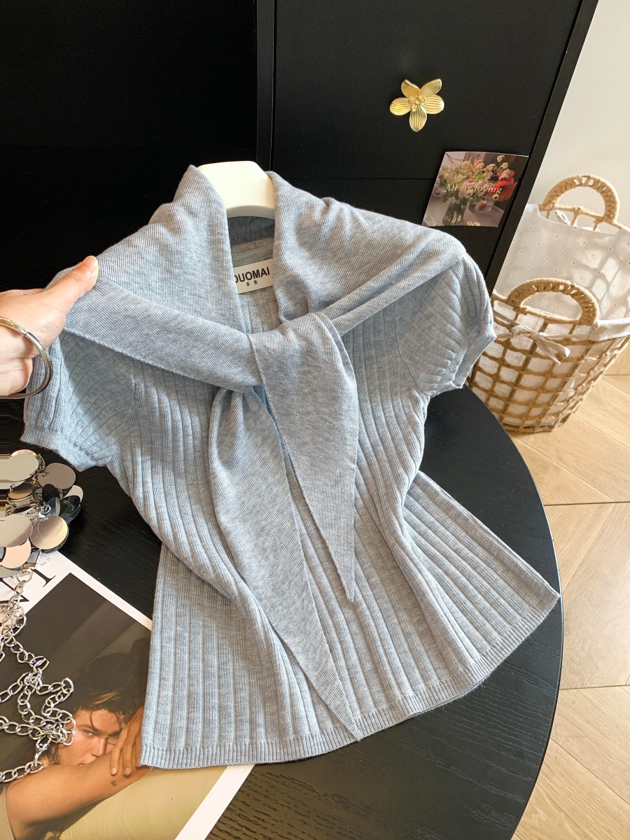 Autumn Korean Minimalist Crew Neck Short Sleeve Knit Top with Shawl Two Piece Set Solid Women - Image 2