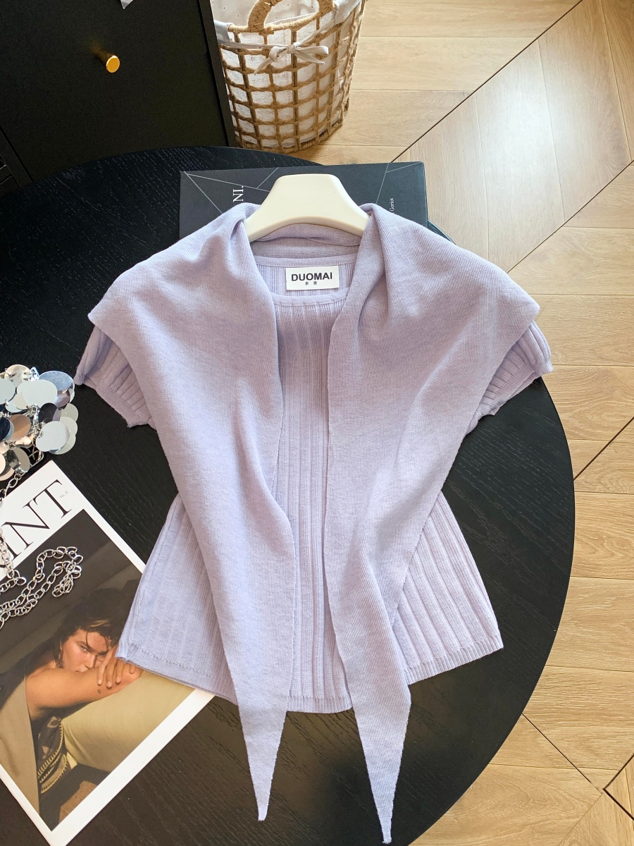 Autumn Korean Minimalist Crew Neck Short Sleeve Knit Top with Shawl Two Piece Set Solid Women - Image 3