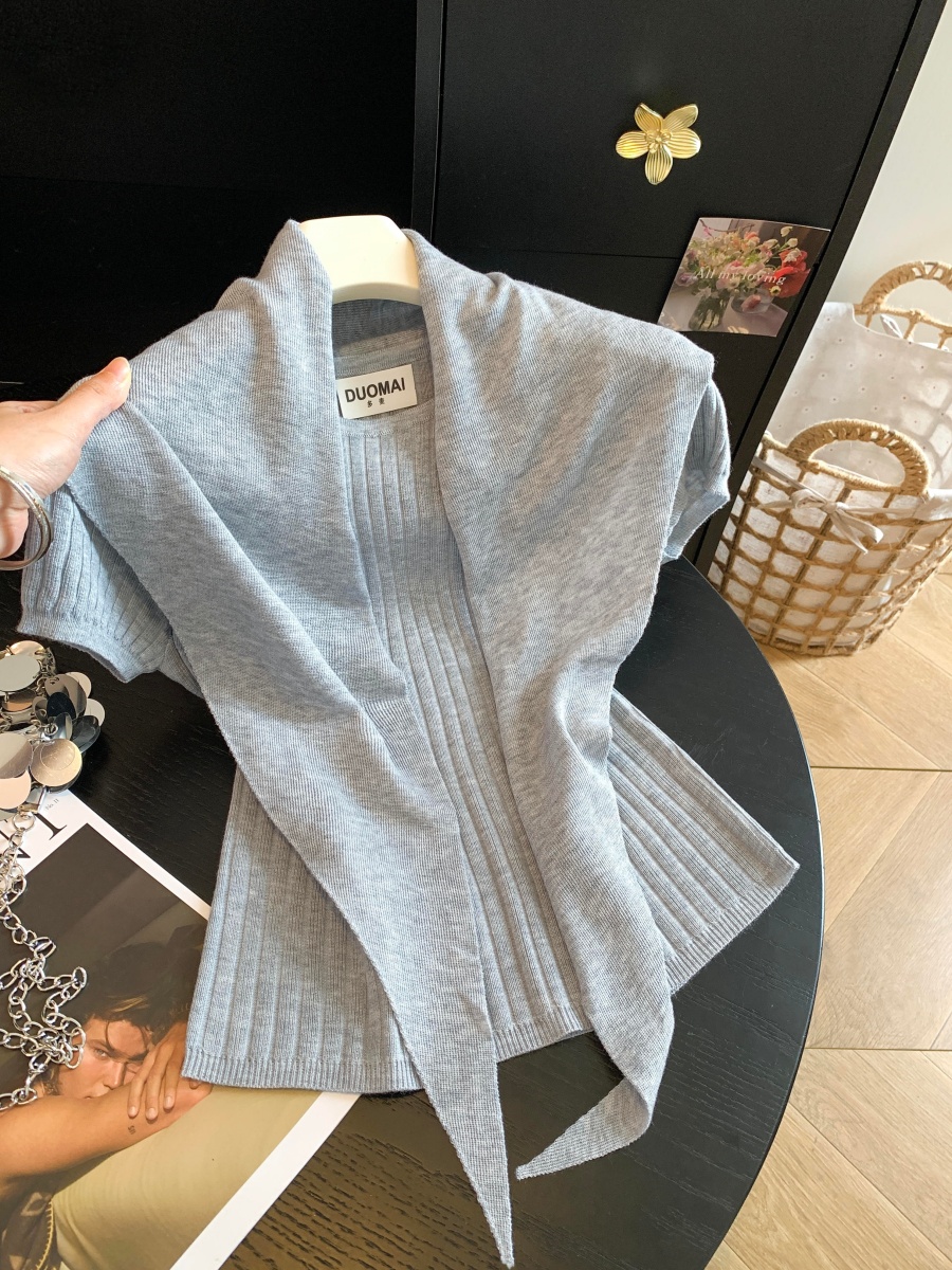 Autumn Korean Minimalist Crew Neck Short Sleeve Knit Top with Shawl Two Piece Set Solid Women - Image 4