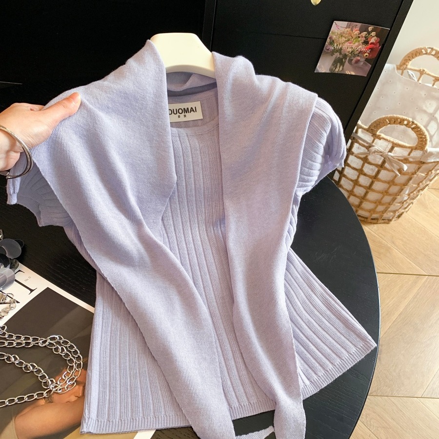 Autumn Korean Minimalist Crew Neck Short Sleeve Knit Top with Shawl Two Piece Set Solid Women - Image 5