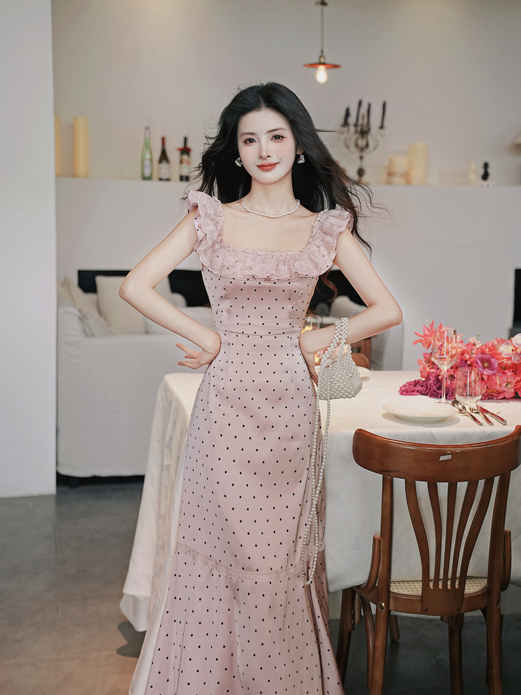 French Romantic Lace Ruffle Polka Dot Satin Dress – Style e06f3d