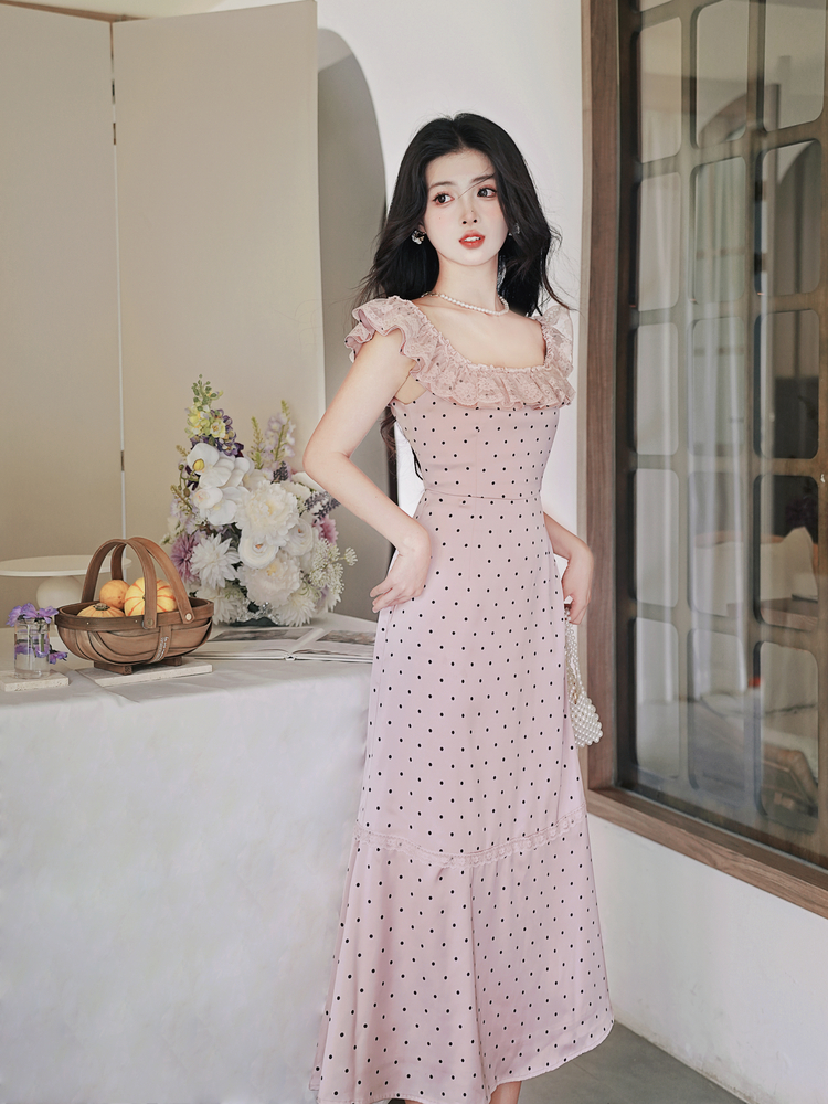 French Romantic Lace Ruffle Polka Dot Satin Dress - Style e06f3d - Image 2