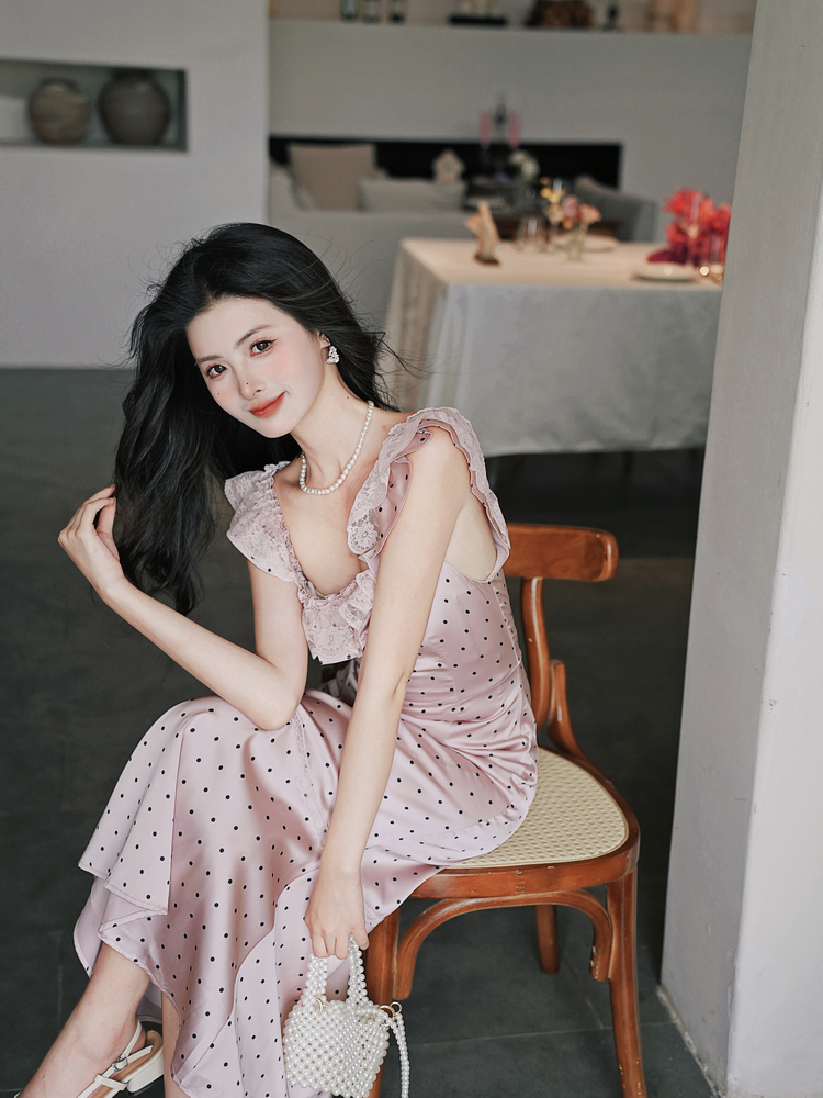 French Romantic Lace Ruffle Polka Dot Satin Dress - Style e06f3d - Image 3