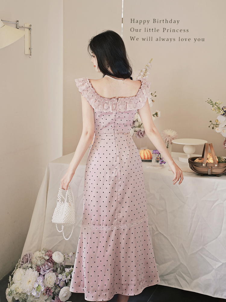 French Romantic Lace Ruffle Polka Dot Satin Dress - Style e06f3d - Image 4
