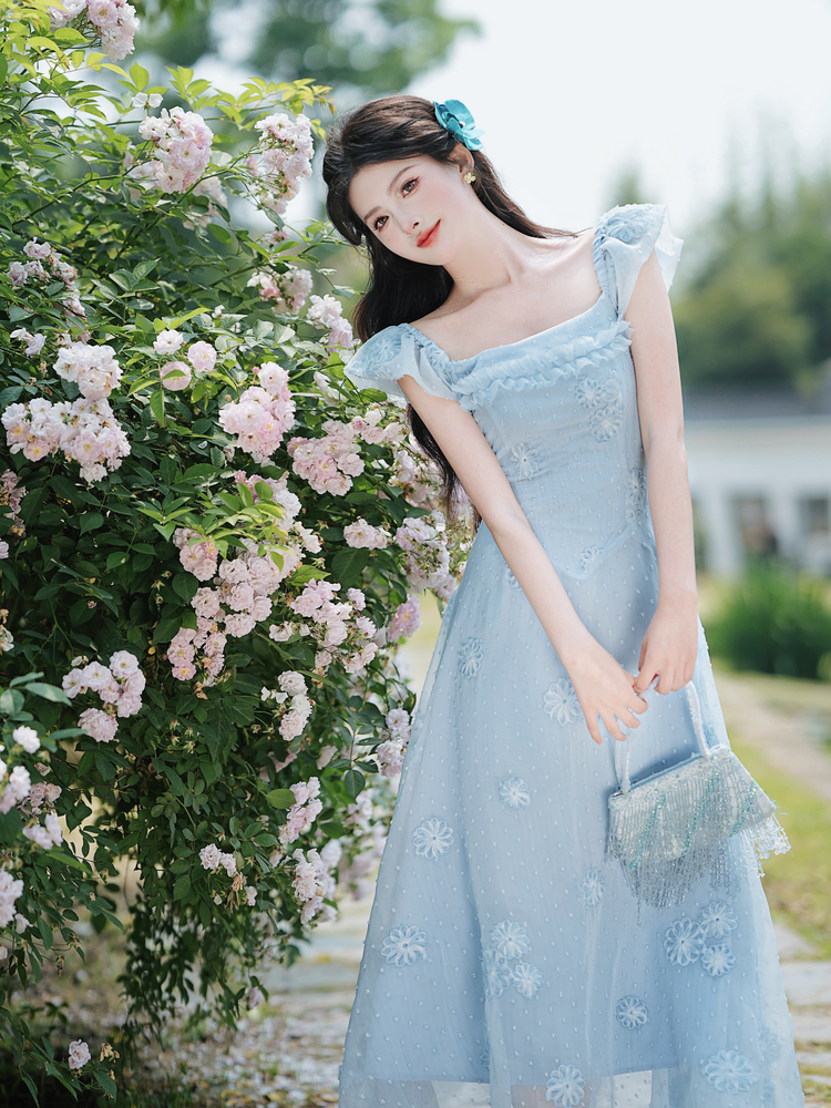 French Style Blue Ruffle Sleeve Chiffon Long Dress