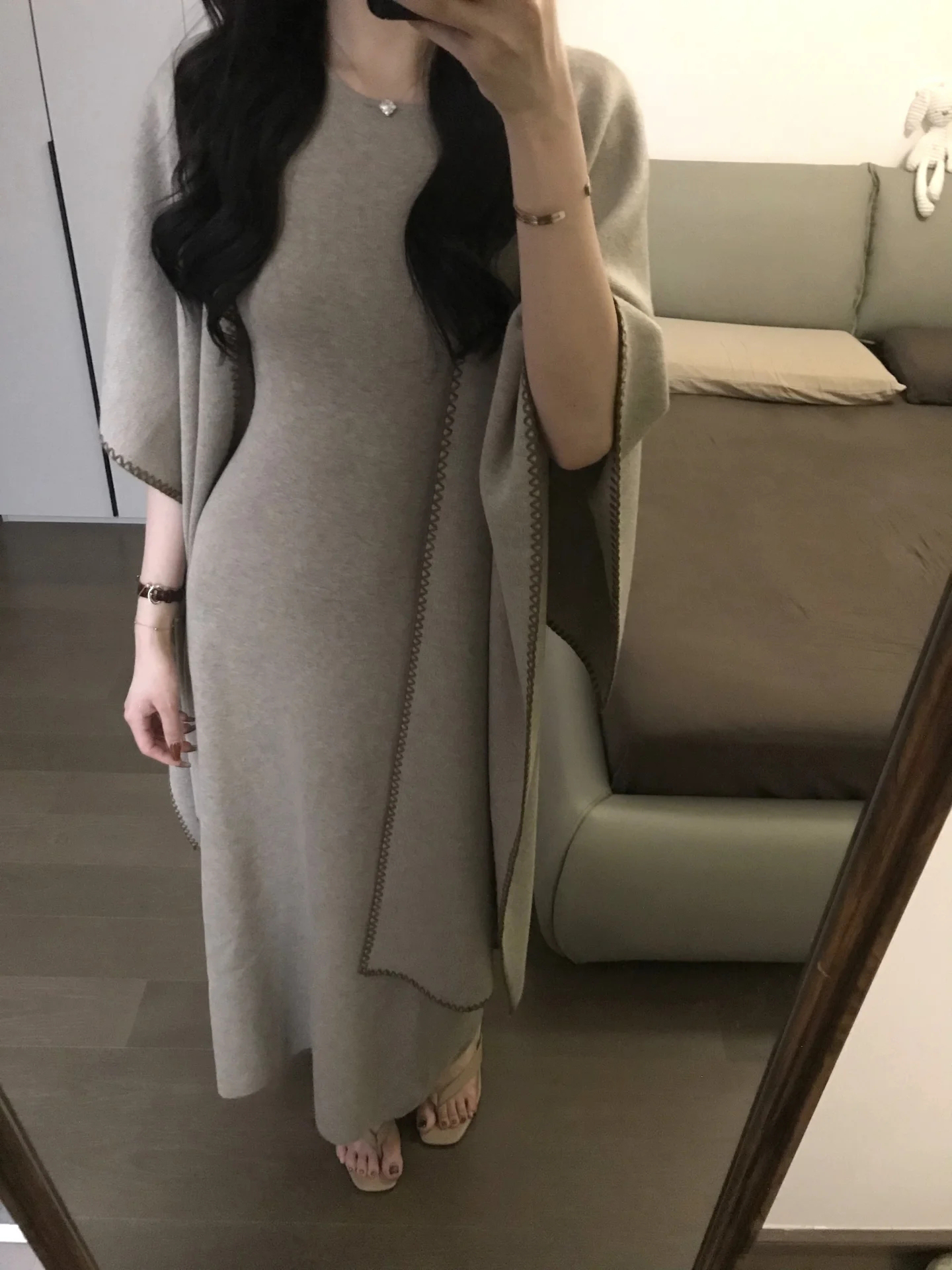 French-Style Camel Knit Dress and Shawl Two-Piece Set for Women