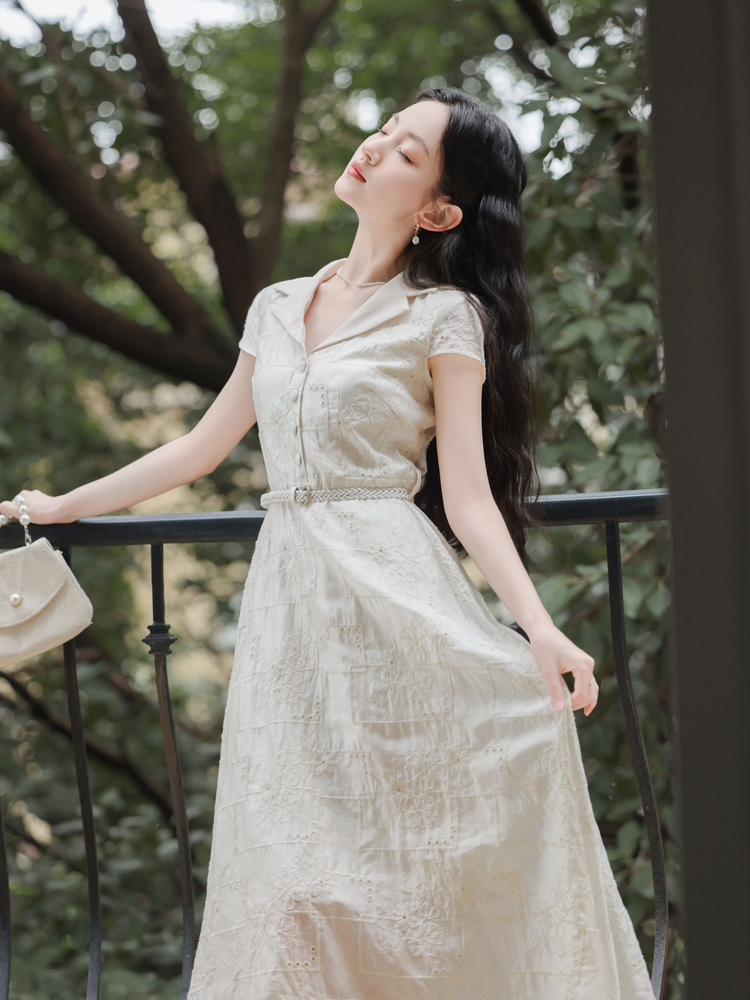 French Vintage Embroidered A-Line Summer Dress