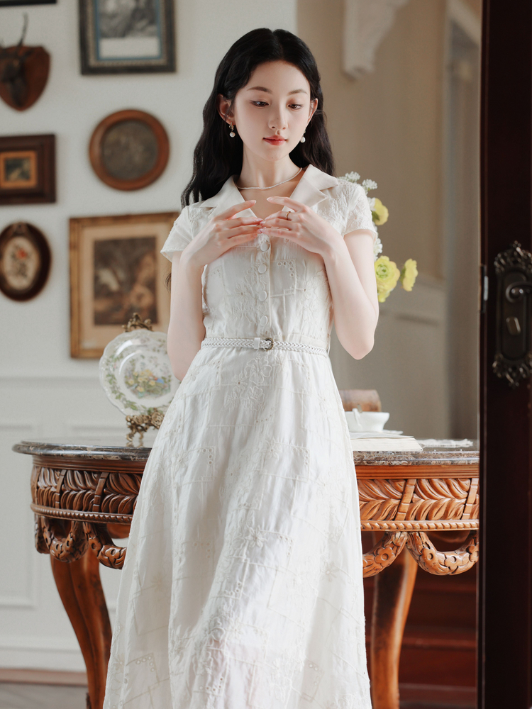 French Vintage Embroidered A-Line Summer Dress - Image 2