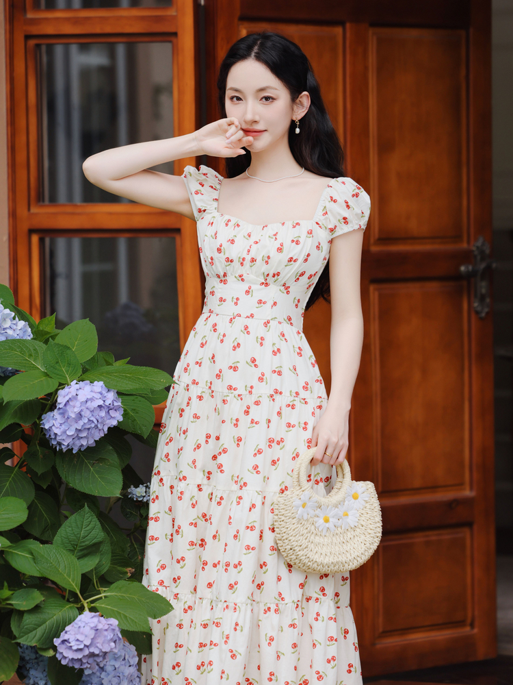 French Vintage Floral Print Long Dress with Square Neck and Back Smocking