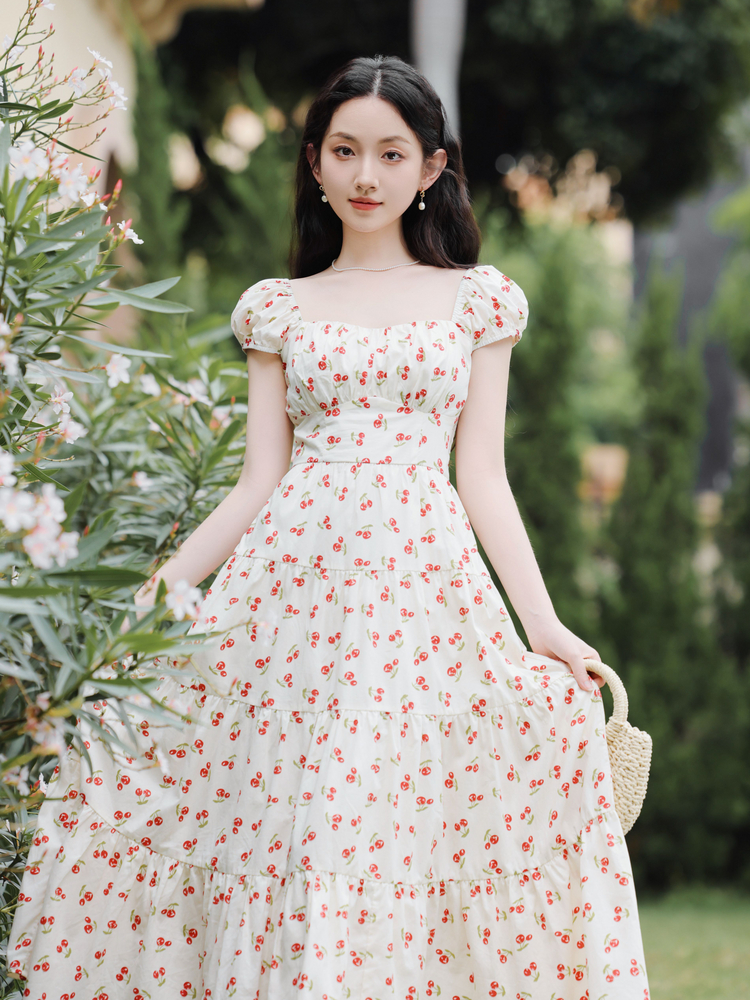 French Vintage Floral Print Long Dress with Square Neck and Back Smocking - Image 3