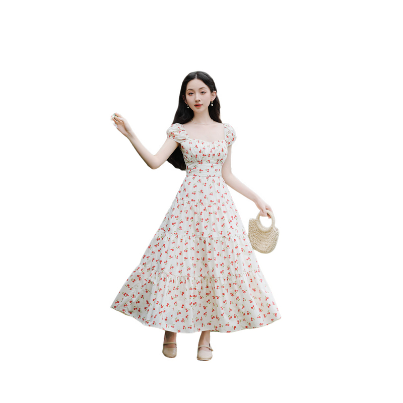 French Vintage Floral Print Long Dress with Square Neck and Back Smocking - Image 5