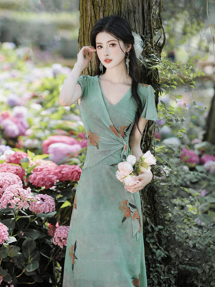 French Vintage Floral Print Mesh Dress – Style d24d0c
