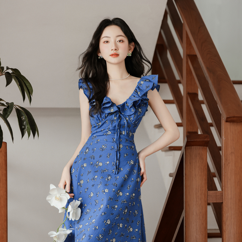 Klein Blue Floral Tie V-Neck French Style Summer Dress - Style 4502ae
