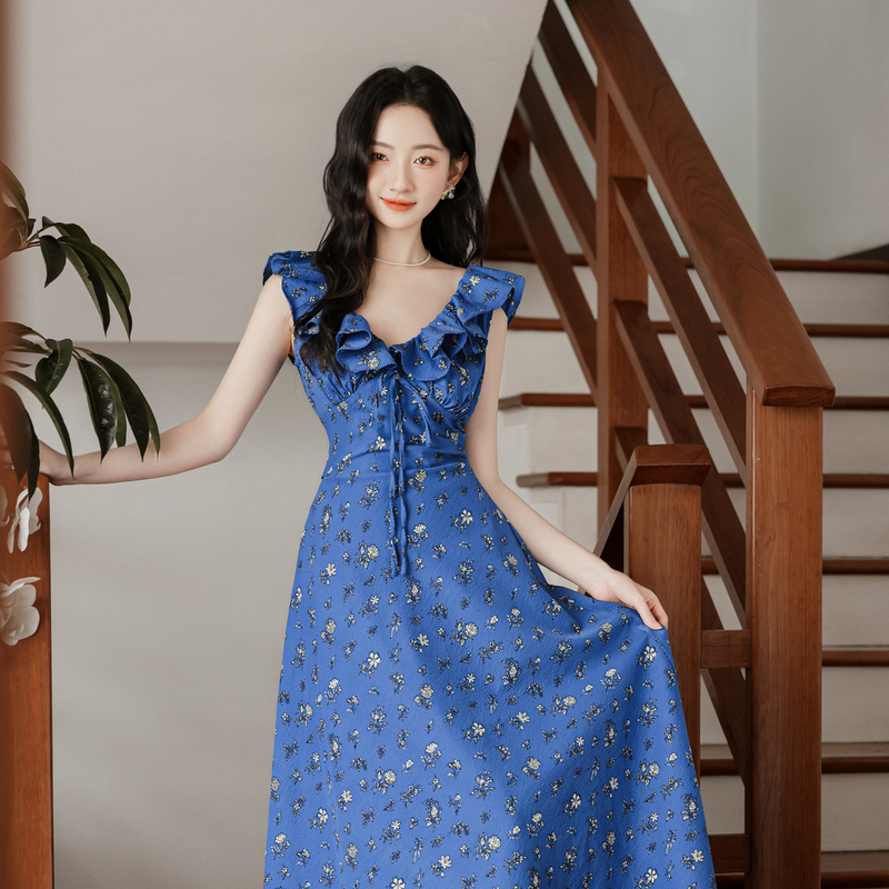 Klein Blue Floral Tie V-Neck French Style Summer Dress - Style 4502ae - Image 3