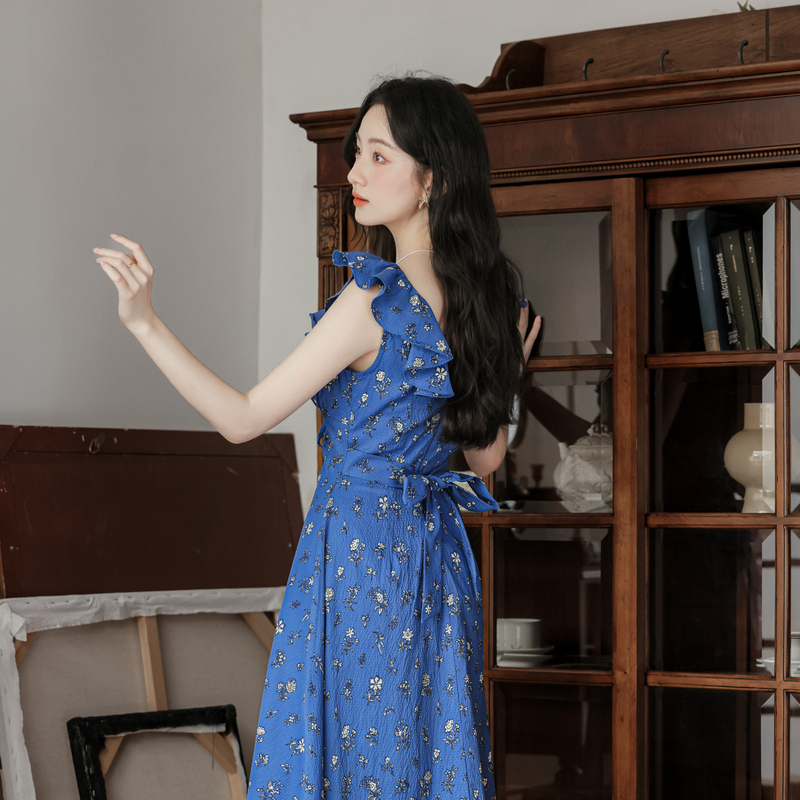 Klein Blue Floral Tie V-Neck French Style Summer Dress - Style 4502ae - Image 4