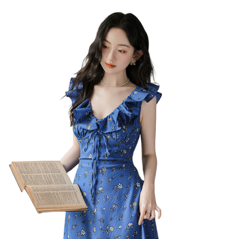 Klein Blue Floral Tie V-Neck French Style Summer Dress - Style 4502ae - Image 5