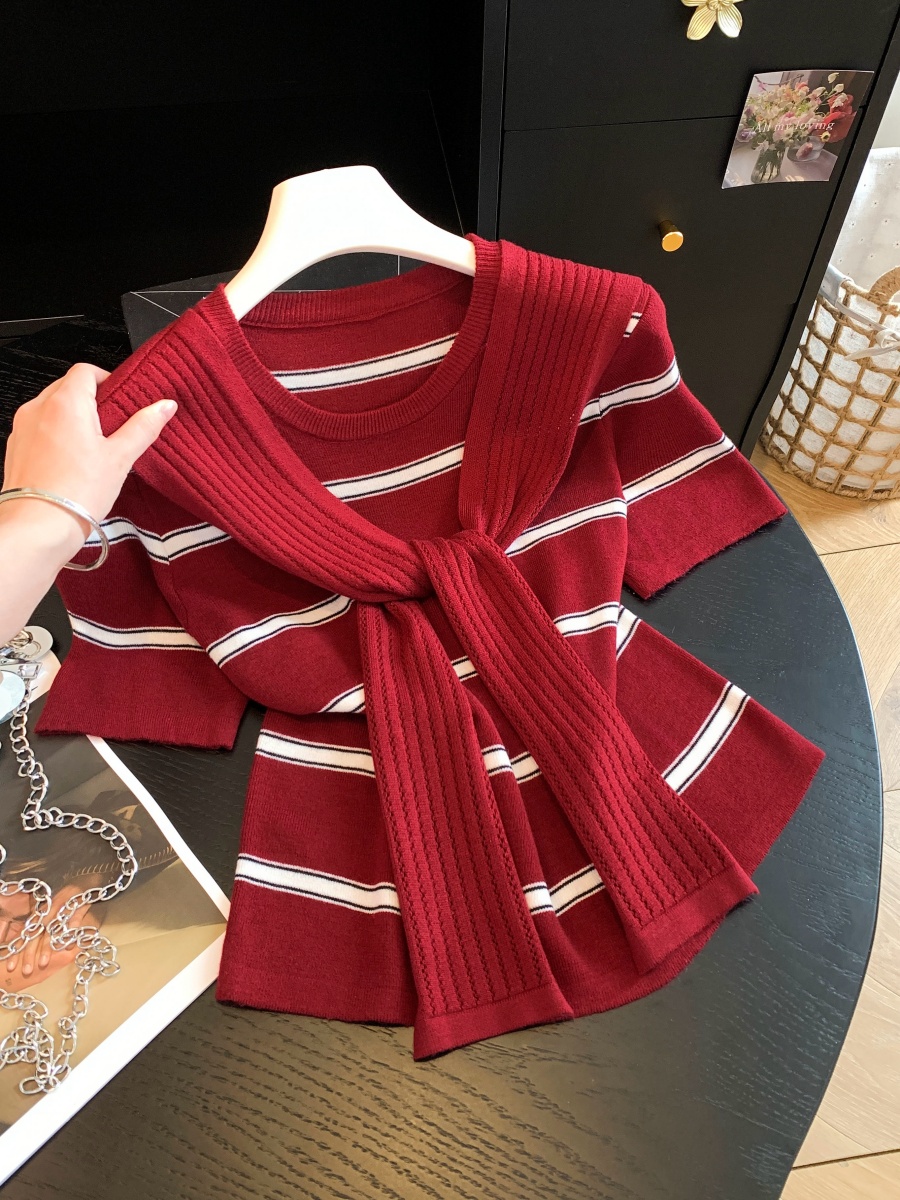 Korean Early Autumn Striped Crew Neck Short Sleeve Knit Sweater Women Two Piece Shawl Top