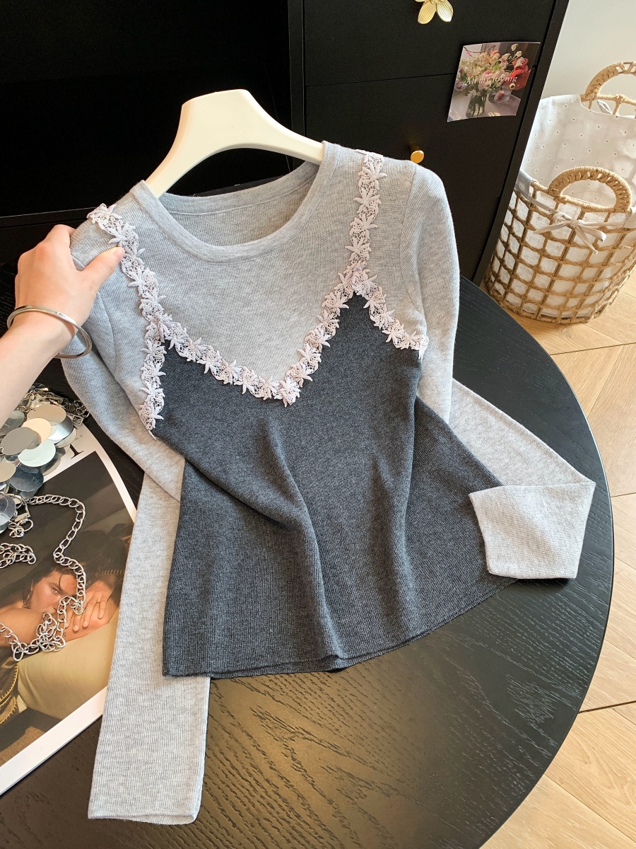 Korean Style Color Block Faux Two Piece Lace Spliced Long Sleeve Knit Top Fall New