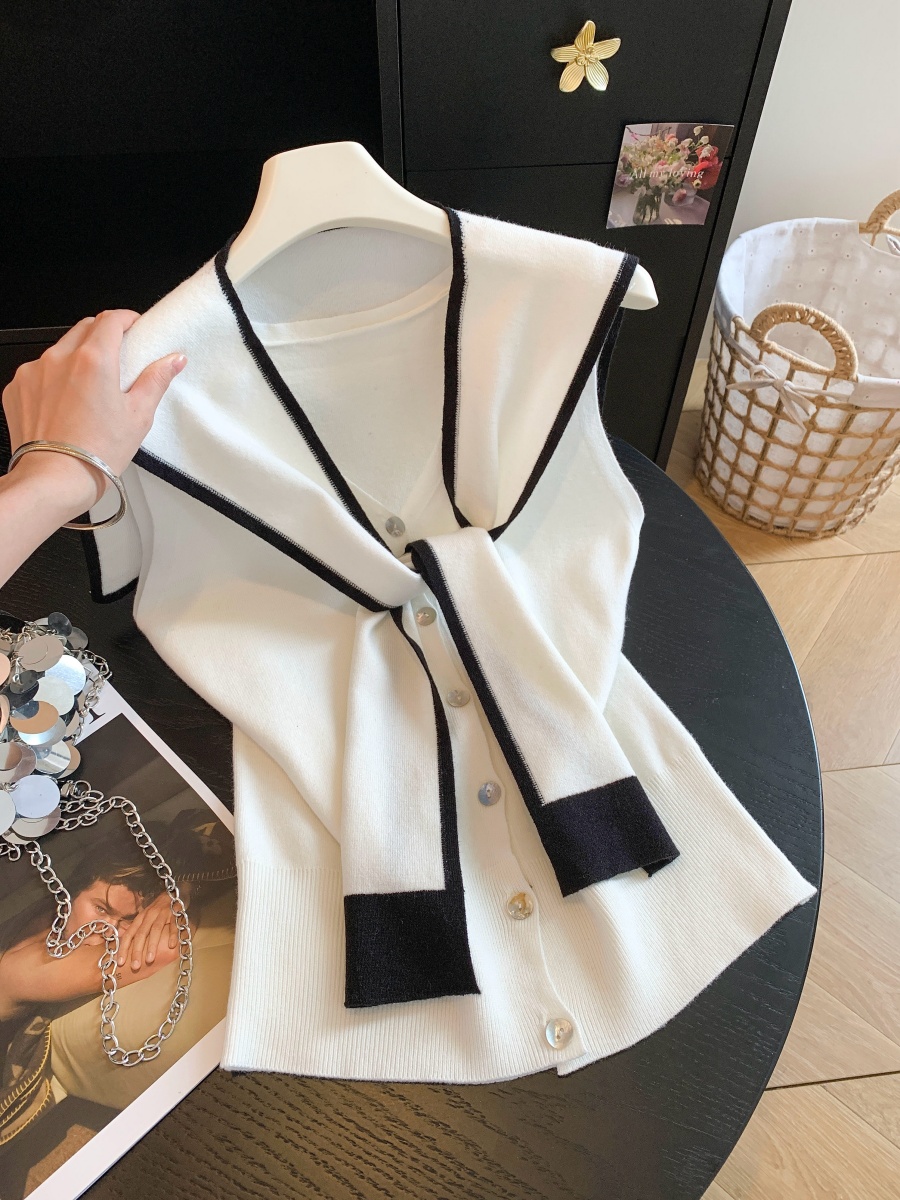 Navy Style Sleeveless Knit Vest with Shawl and Single Button