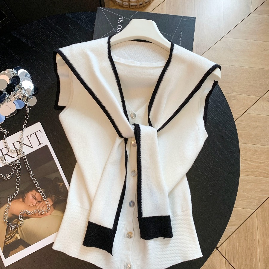 Navy Style Sleeveless Knit Vest with Shawl and Single Button - Image 5
