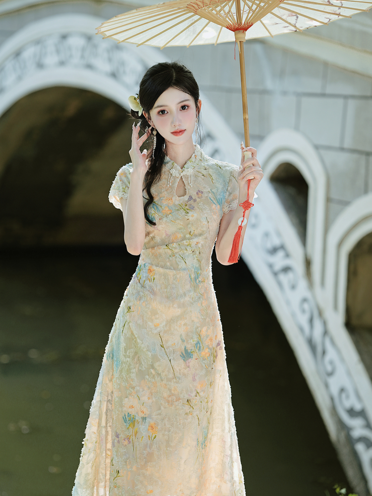 New Chinese Style Burnout Print Slimming Qipao Dress