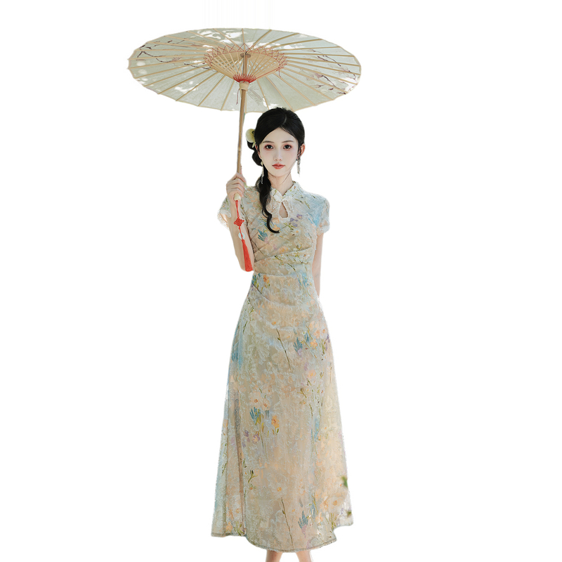 New Chinese Style Burnout Print Slimming Qipao Dress - Image 5