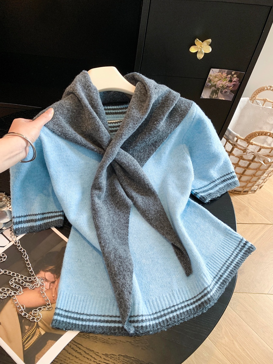Retro Blue Short Sleeve Knit Sweater for Women with Shawl New Autumn High-End Color Block Loose Slimming Top
