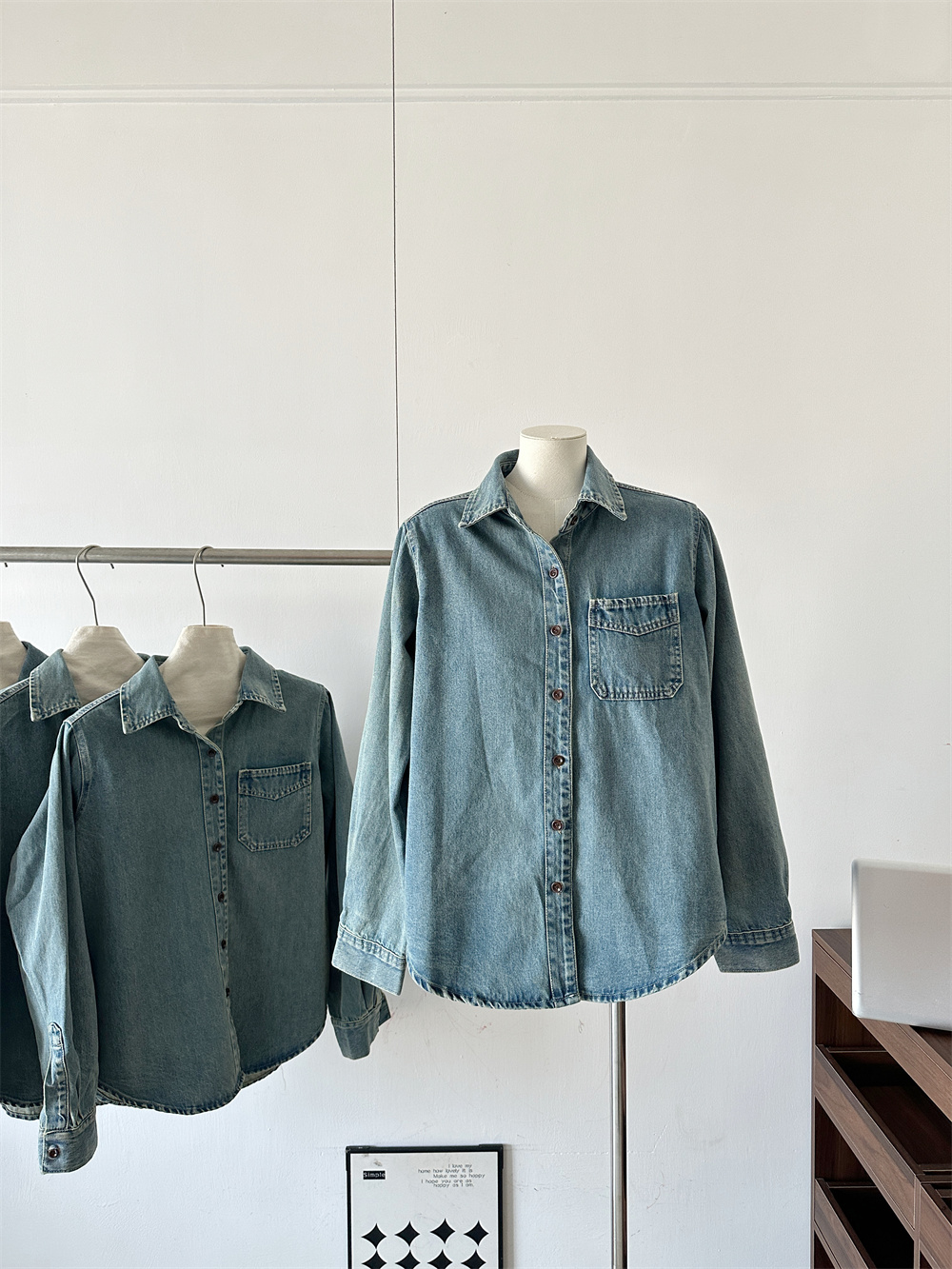 Spring Retro Hong Kong Style Washed Denim Shirt with Lapel Collar Loose Casual Versatile