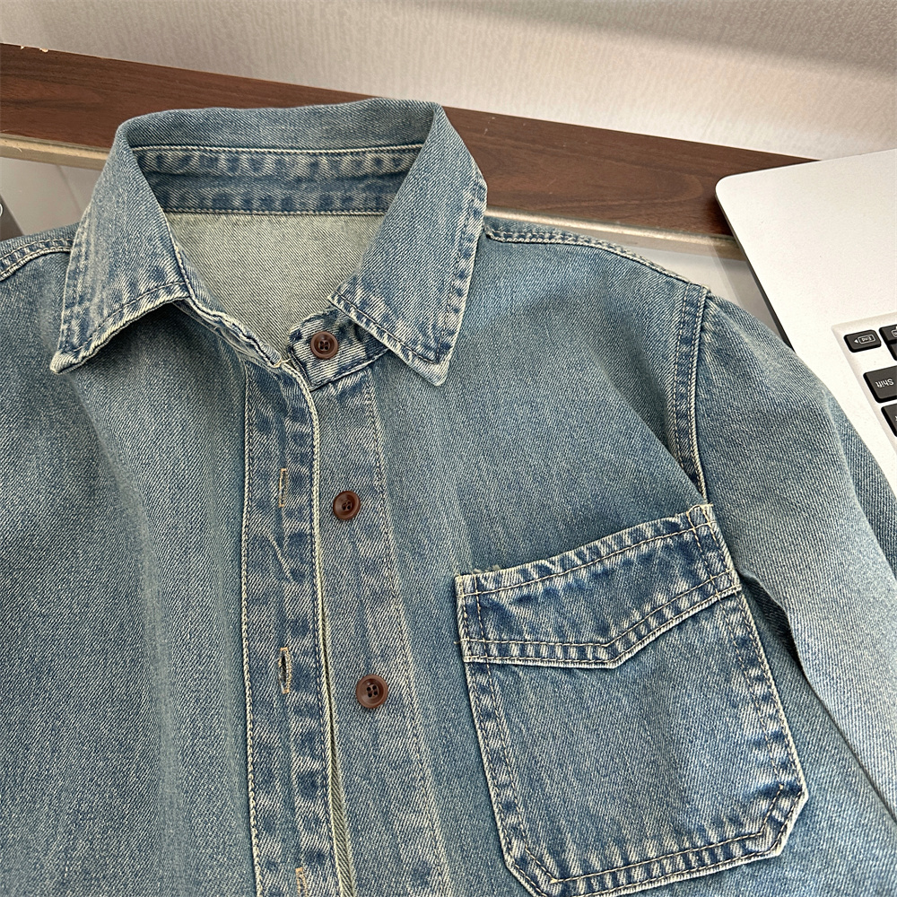 Spring Retro Hong Kong Style Washed Denim Shirt with Lapel Collar Loose Casual Versatile - Image 5