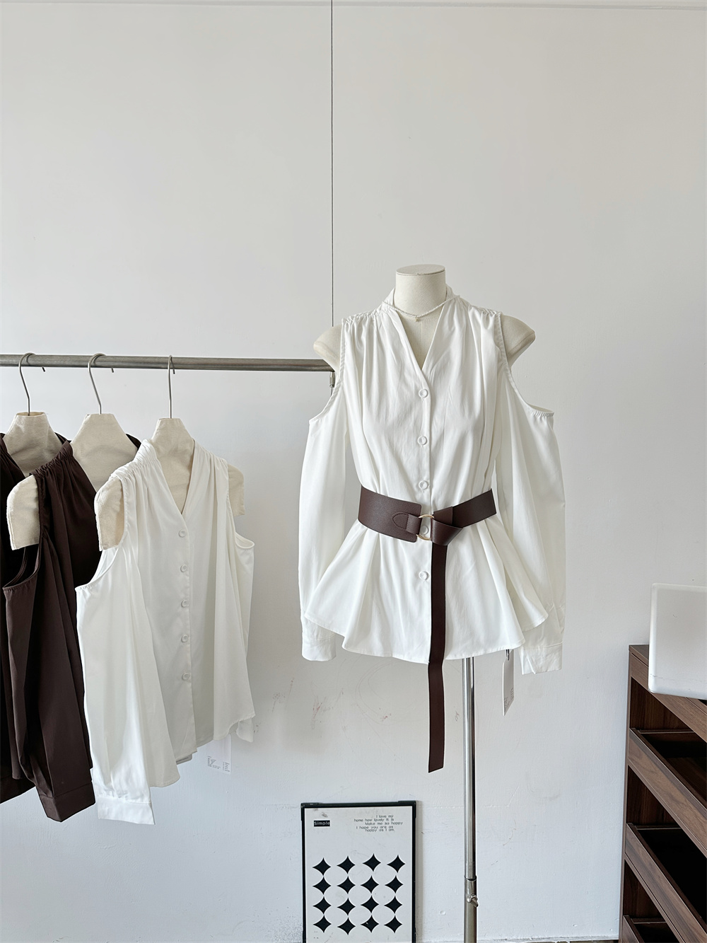 Women’s French Style Off-Shoulder V-Neck Belted White Shirt