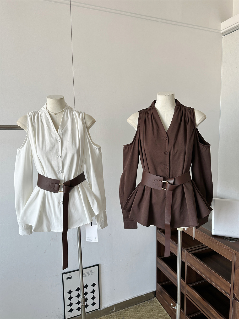 Women's French Style Off-Shoulder V-Neck Belted White Shirt - Image 2