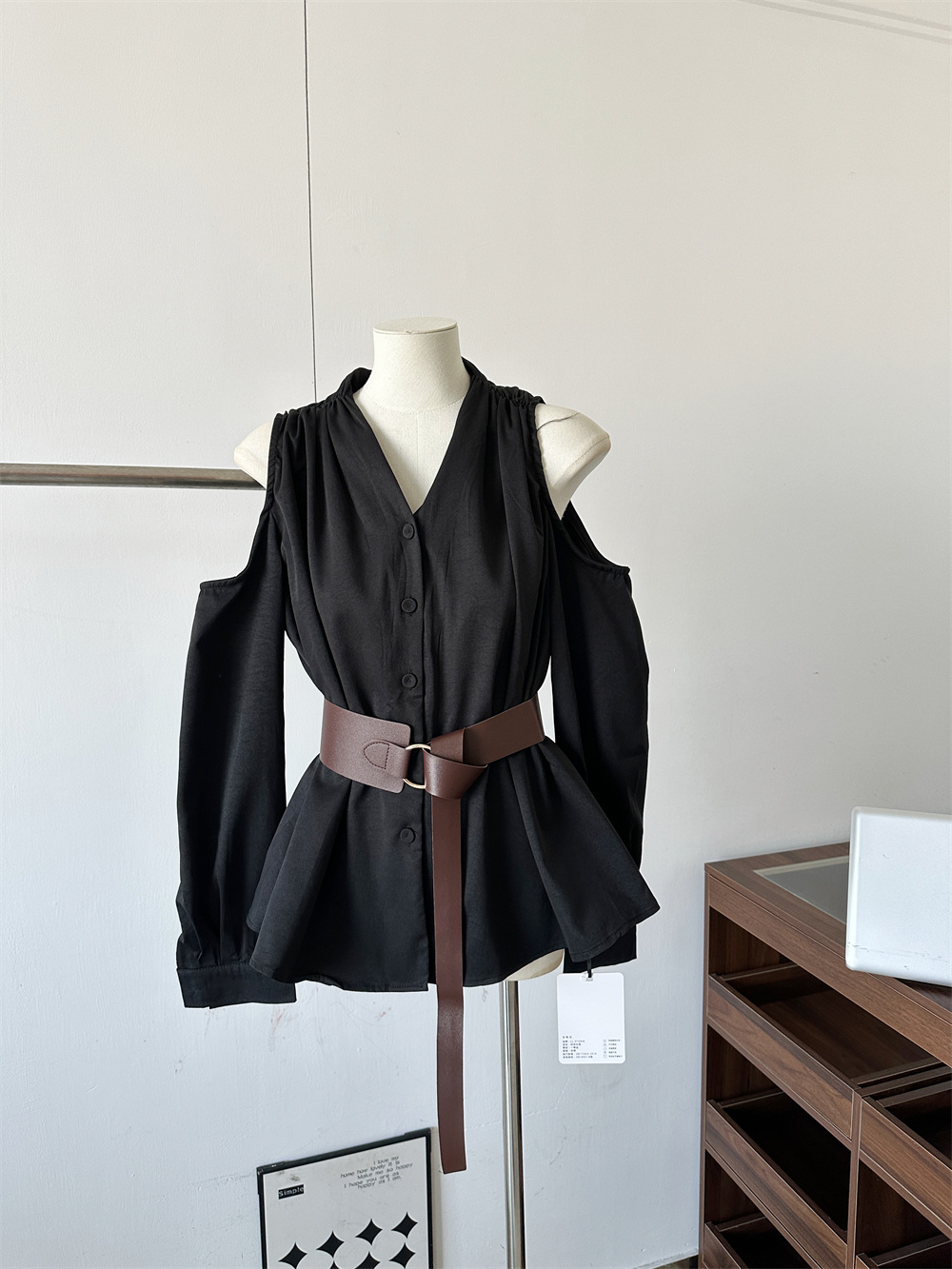 Women's French Style Off-Shoulder V-Neck Belted White Shirt - Image 3