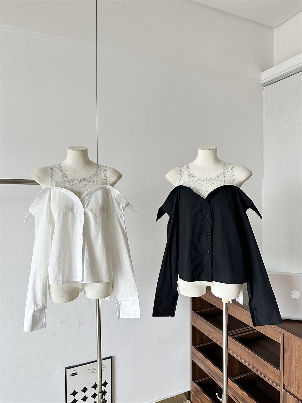 Women's Off-Shoulder Long Sleeve Shirt with Rhinestone Patchwork and Layered Look, Loose Fit Black Top - Image 2