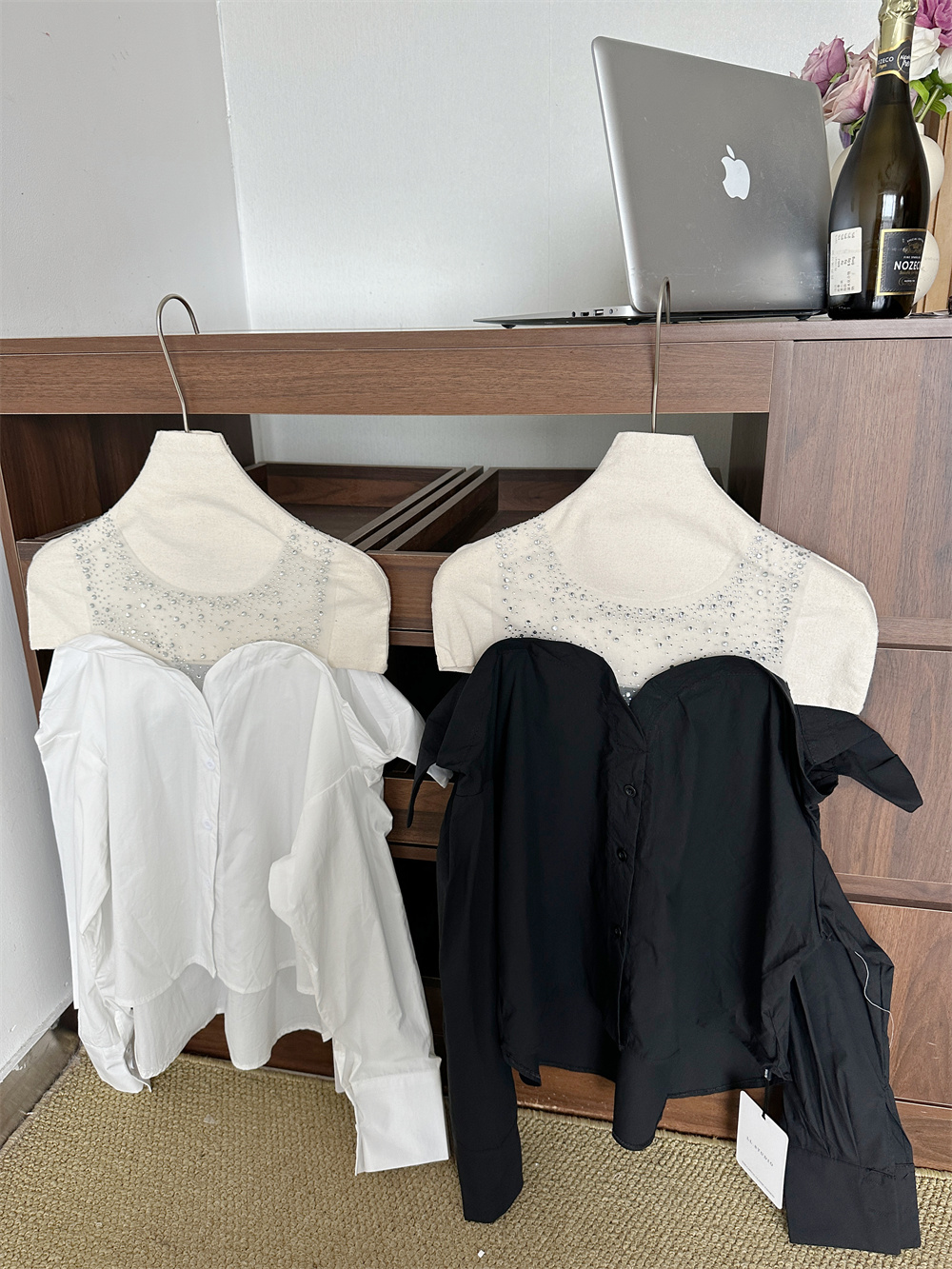 Women's Off-Shoulder Long Sleeve Shirt with Rhinestone Patchwork and Layered Look, Loose Fit Black Top - Image 3