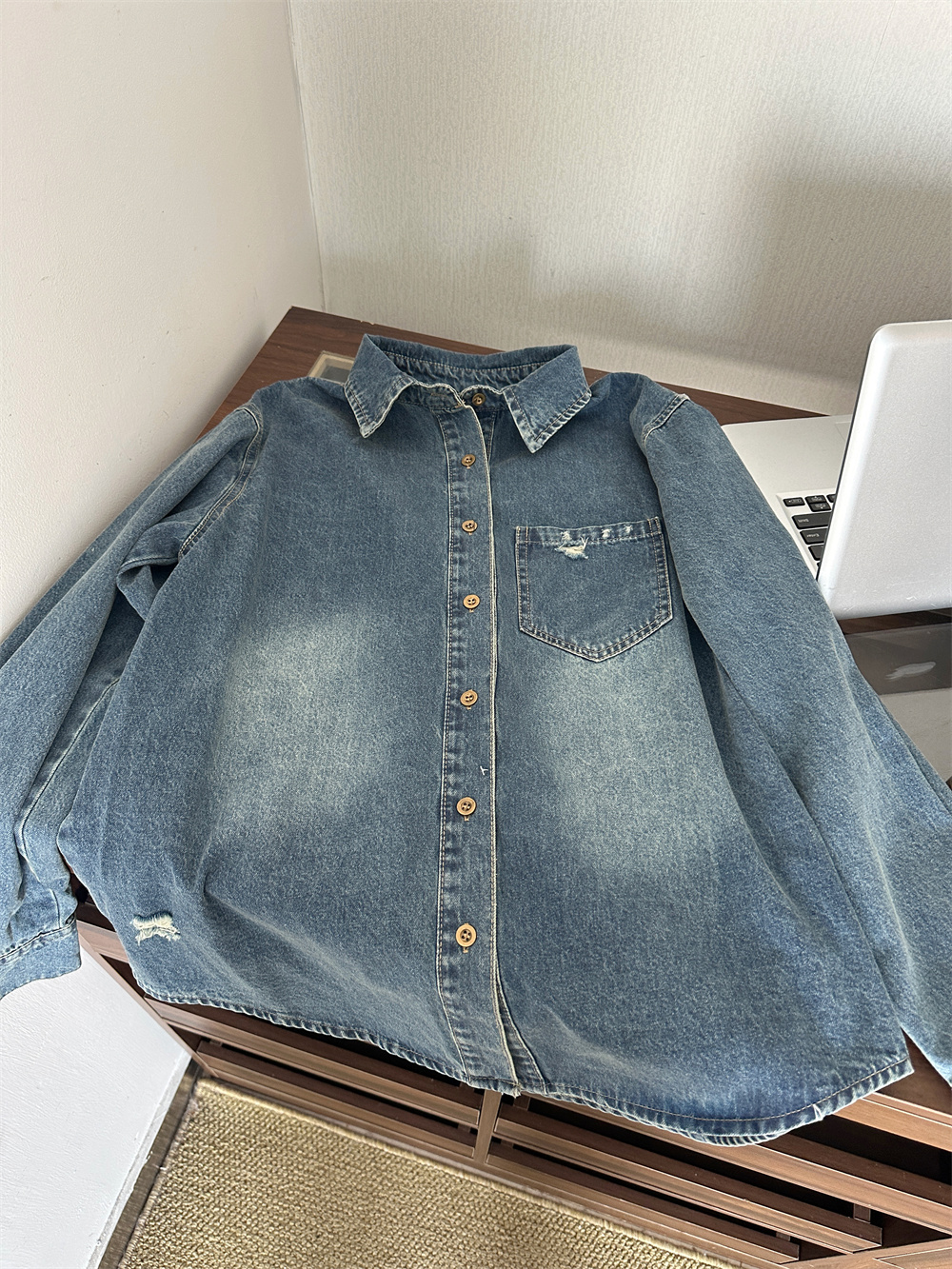 Women's Washed Distressed Denim Shirt 2026 Spring Loose Fit Casual Outerwear - Image 3