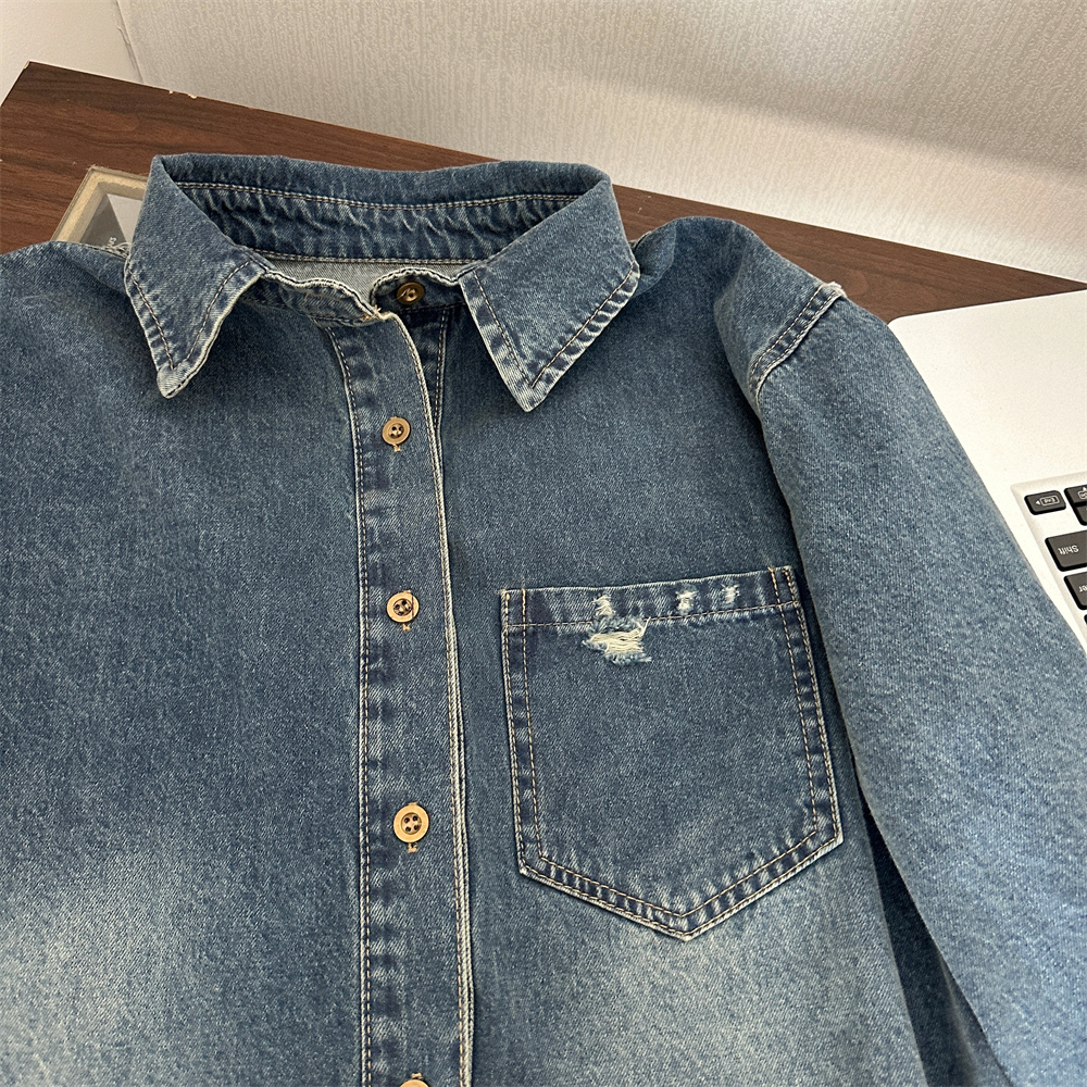 Women's Washed Distressed Denim Shirt 2026 Spring Loose Fit Casual Outerwear - Image 5