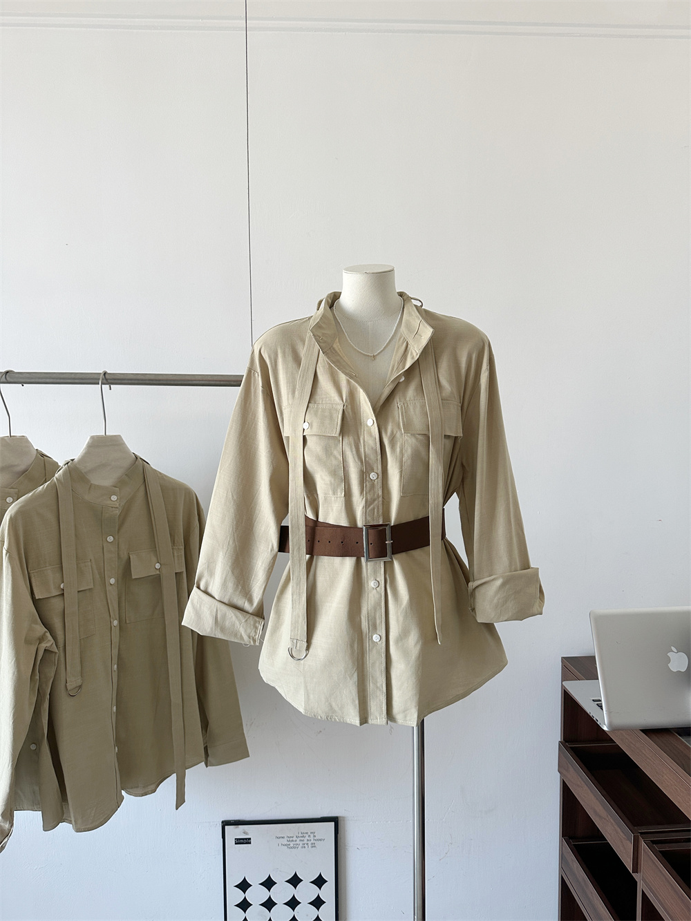 Zurich Khaki Ramie Shirt Women 2026 Early Spring Niche Design Blouse with Belt