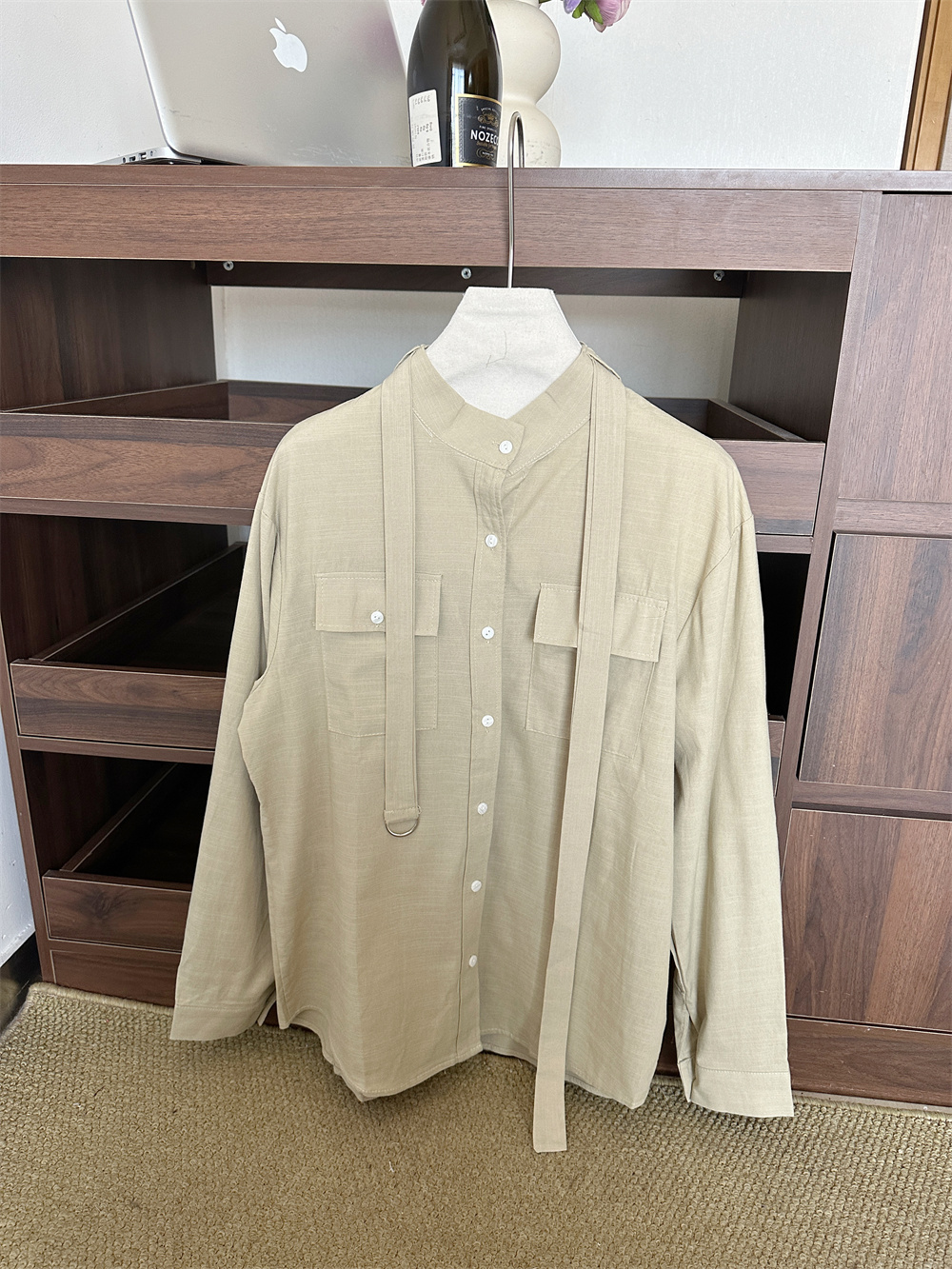 Zurich Khaki Ramie Shirt Women 2026 Early Spring Niche Design Blouse with Belt - Image 2