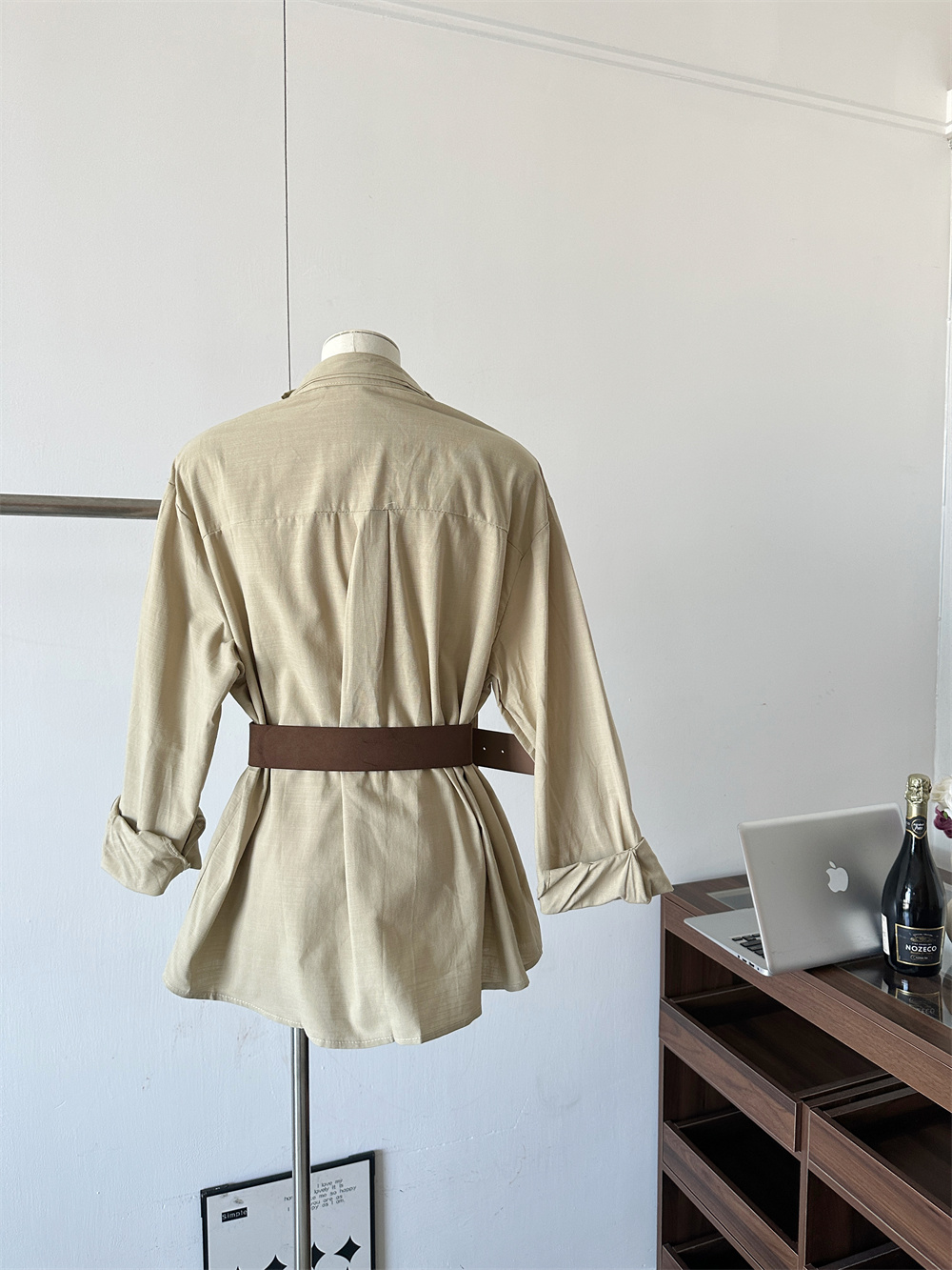 Zurich Khaki Ramie Shirt Women 2026 Early Spring Niche Design Blouse with Belt - Image 3