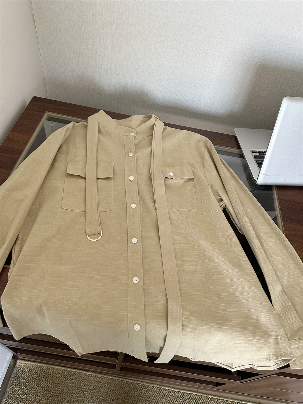 Zurich Khaki Ramie Shirt Women 2026 Early Spring Niche Design Blouse with Belt - Image 4