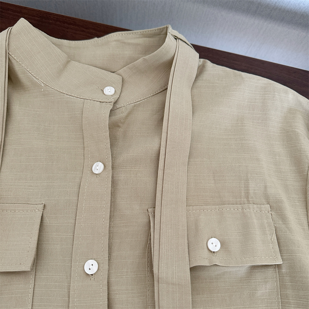 Zurich Khaki Ramie Shirt Women 2026 Early Spring Niche Design Blouse with Belt - Image 5